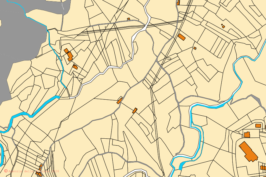 Mapa cadastral do centro de Marzi: parcelas e edifícios, cartografia da Agenzia delle Entrate