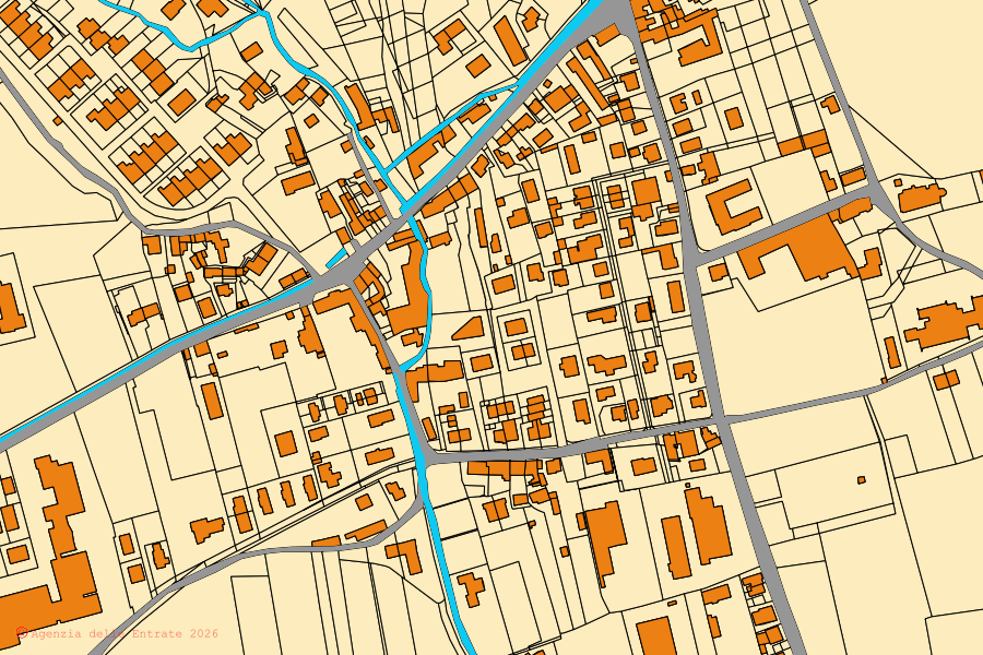 Mapa cadastral do centro de Maser: parcelas e edifícios, cartografia da Agenzia delle Entrate