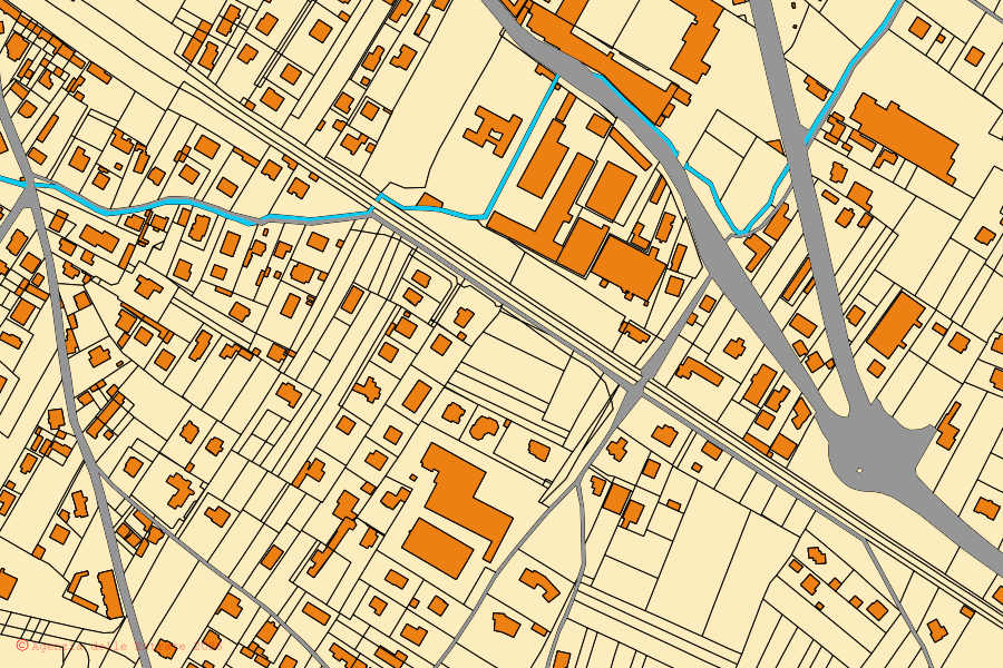 Mapa cadastral do centro de Mathi: parcelas e edifícios, cartografia da Agenzia delle Entrate