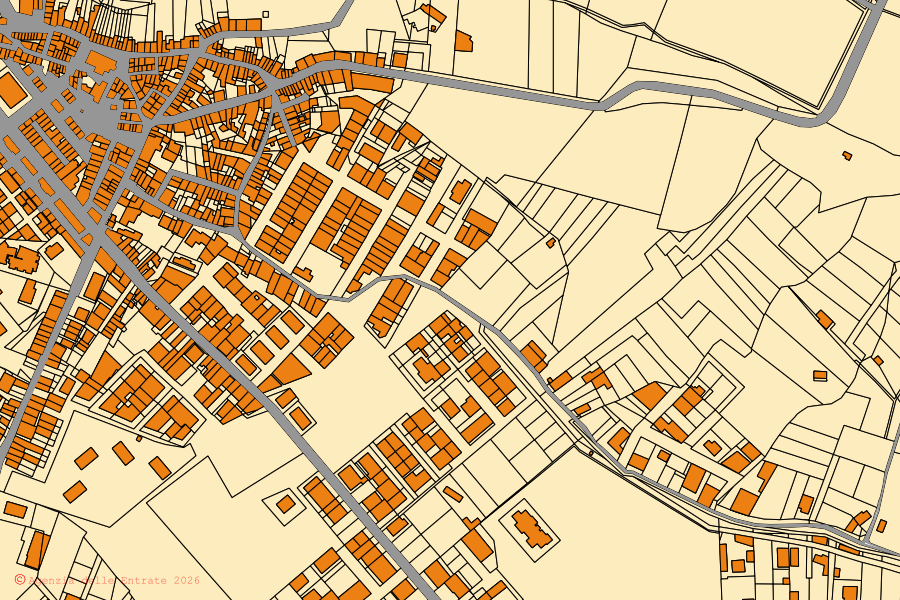Mapa cadastral do centro de Melicucco: parcelas e edifícios, cartografia da Agenzia delle Entrate