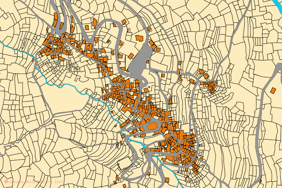 Mapa cadastral do centro de Mendatica: parcelas e edifícios, cartografia da Agenzia delle Entrate