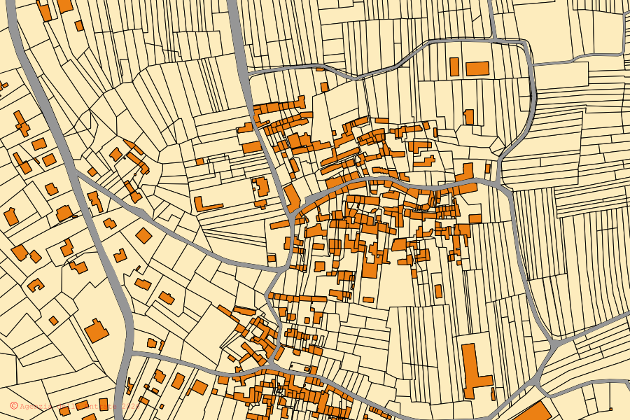 Mapa cadastral do centro de Mercenasco: parcelas e edifícios, cartografia da Agenzia delle Entrate