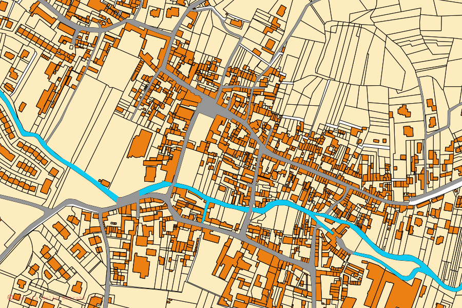 Mapa cadastral do centro de Miradolo Terme: parcelas e edifícios, cartografia da Agenzia delle Entrate