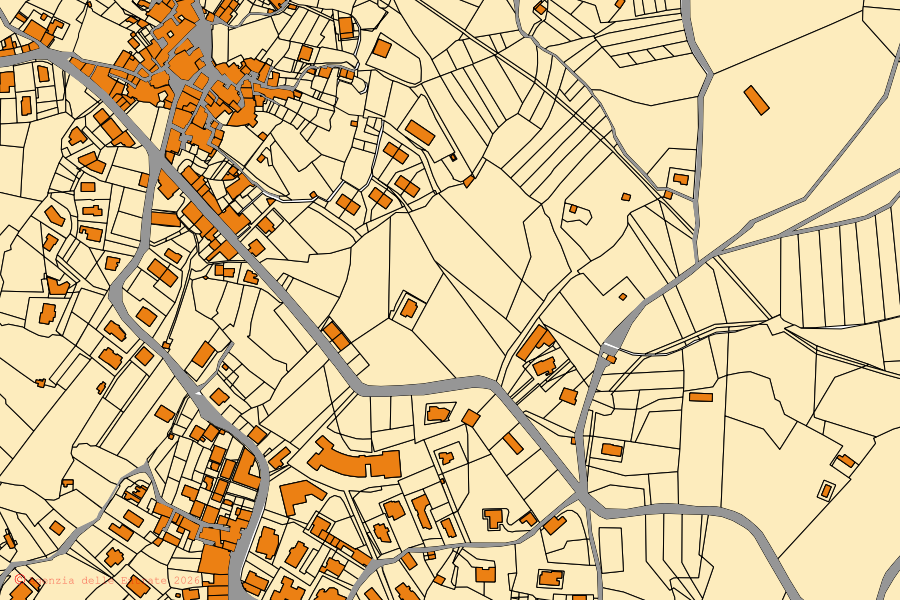 Mapa cadastral do centro de Moio della Civitella: parcelas e edifícios, cartografia da Agenzia delle Entrate