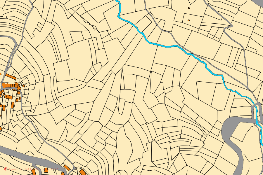Mapa cadastral do centro de Mombarcaro: parcelas e edifícios, cartografia da Agenzia delle Entrate