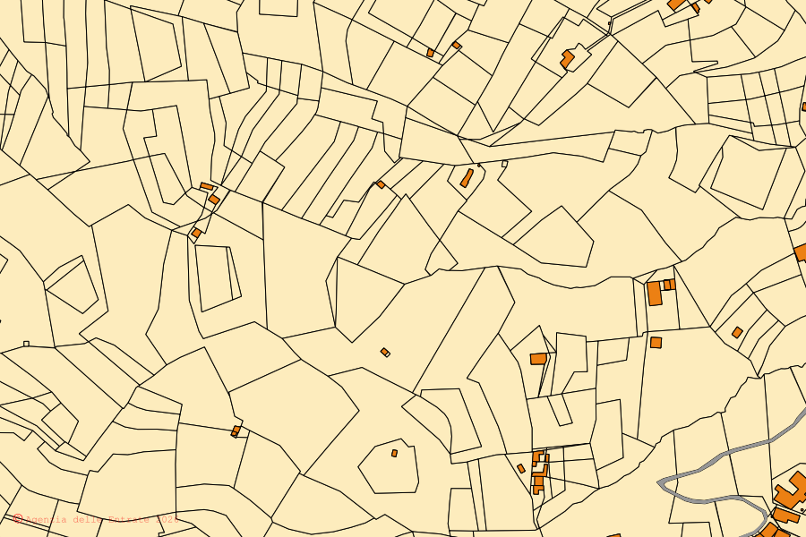Mapa cadastral do centro de Monastero di Vasco: parcelas e edifícios, cartografia da Agenzia delle Entrate