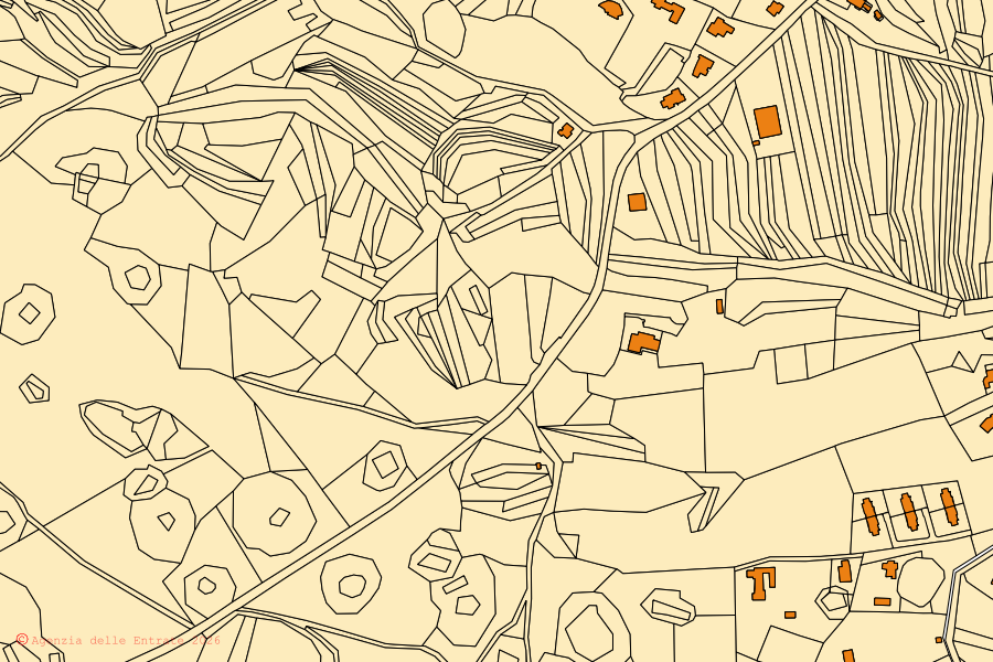 Mapa cadastral do centro de Monrupino: parcelas e edifícios, cartografia da Agenzia delle Entrate