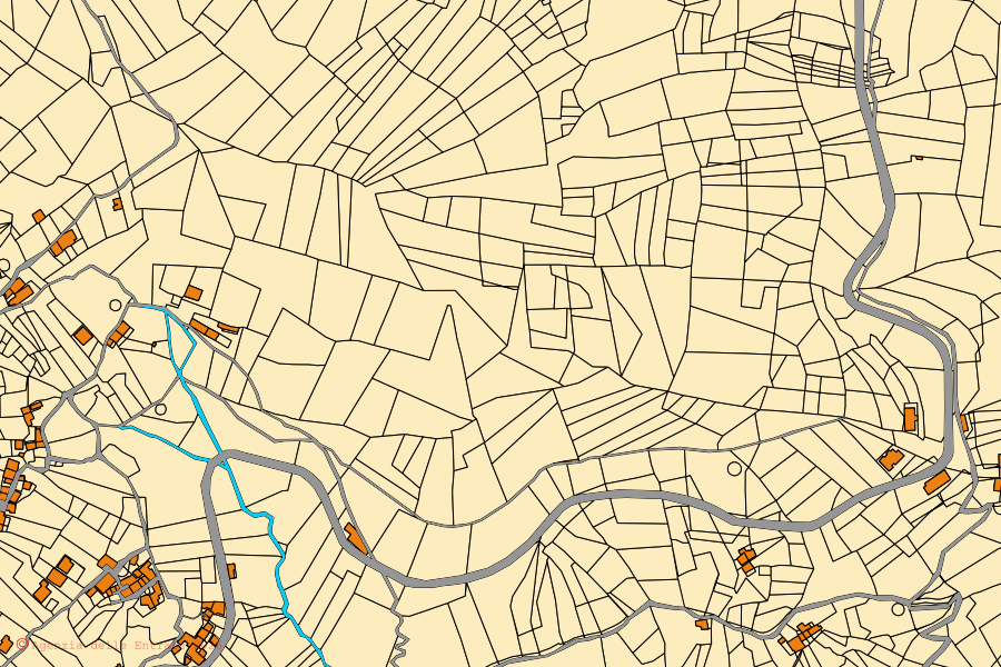 Mapa cadastral do centro de Montagnareale: parcelas e edifícios, cartografia da Agenzia delle Entrate