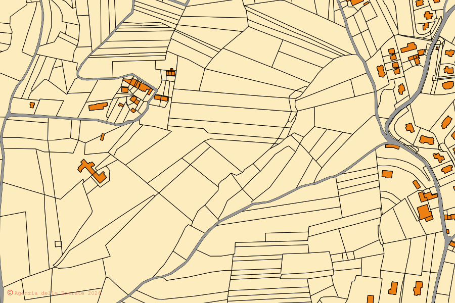 Mapa cadastral do centro de Montaldo Torinese: parcelas e edifícios, cartografia da Agenzia delle Entrate