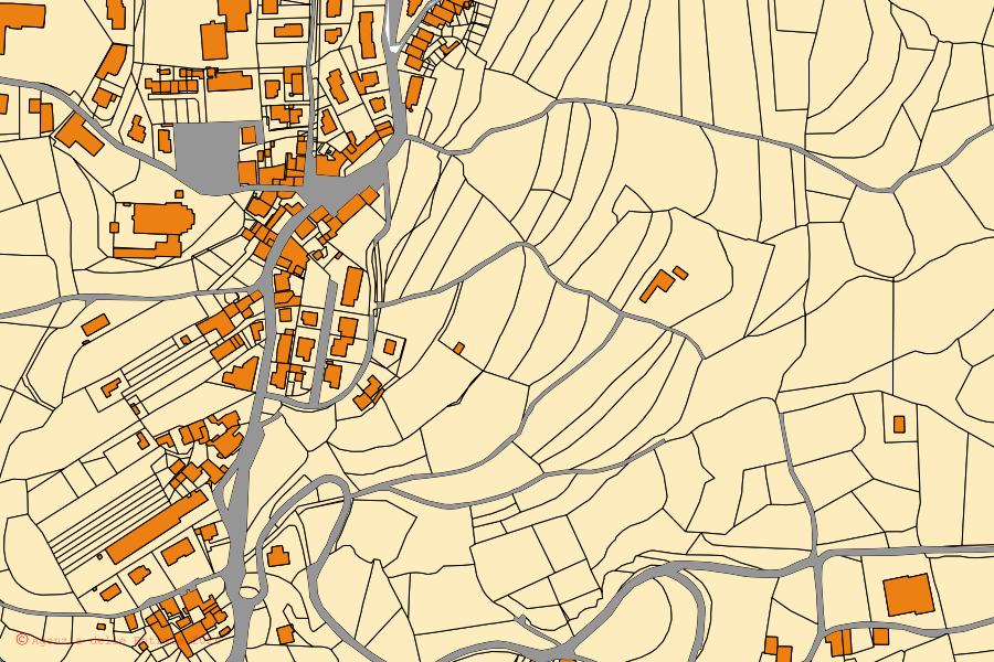 Mapa cadastral do centro de Monte di Malo: parcelas e edifícios, cartografia da Agenzia delle Entrate