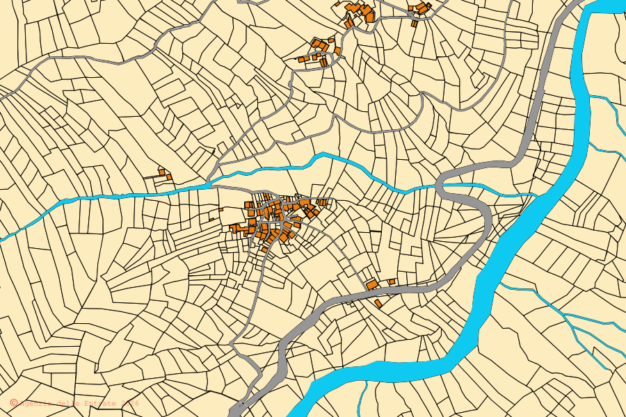 Mapa cadastral do centro de Montebruno: parcelas e edifícios, cartografia da Agenzia delle Entrate