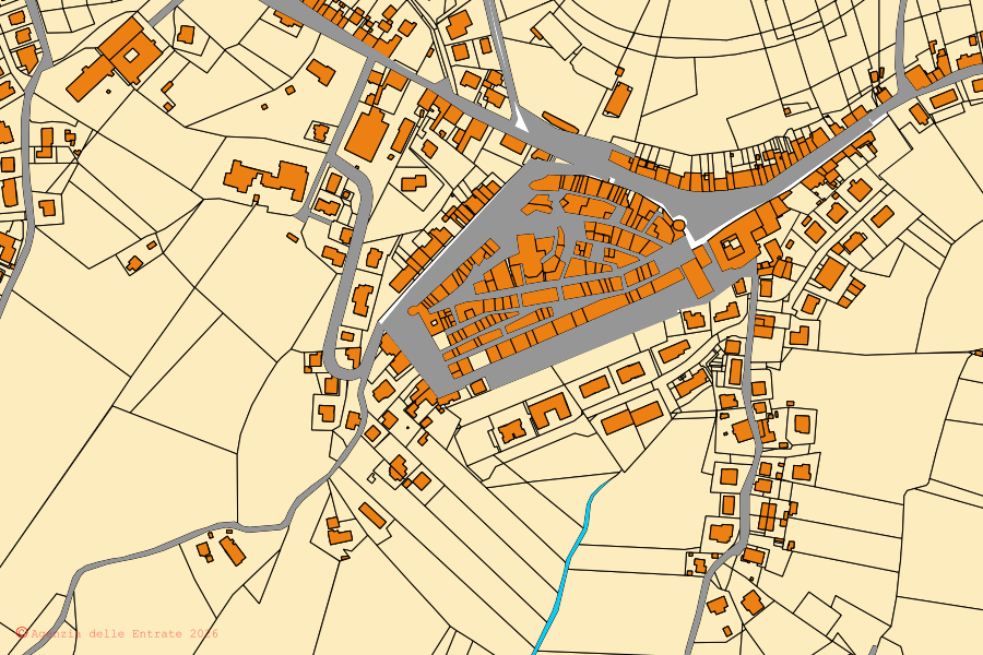 Mapa cadastral do centro de Montecarotto: parcelas e edifícios, cartografia da Agenzia delle Entrate