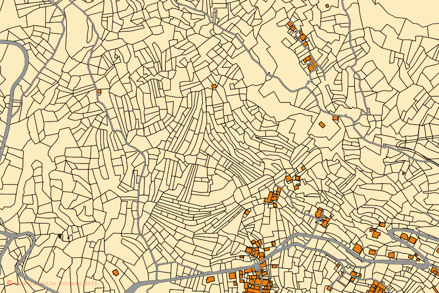 Mapa cadastral do centro de Montecrestese: parcelas e edifícios, cartografia da Agenzia delle Entrate