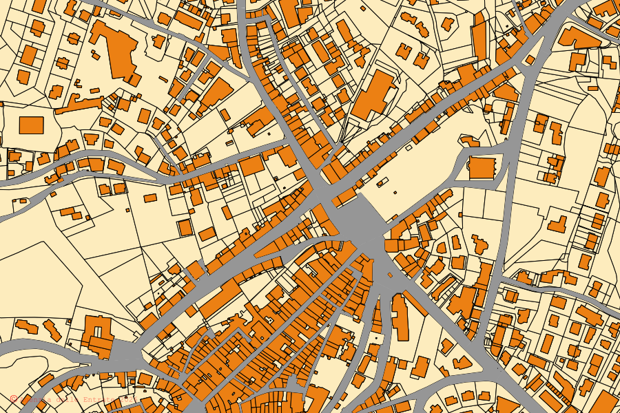 Mapa cadastral do centro de Montefiascone: parcelas e edifícios, cartografia da Agenzia delle Entrate