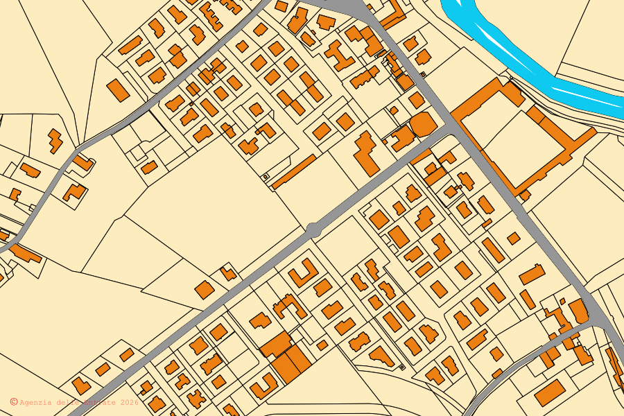 Mapa cadastral do centro de Montegaldella: parcelas e edifícios, cartografia da Agenzia delle Entrate
