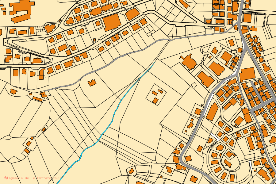 Mapa cadastral do centro de Montegranaro: parcelas e edifícios, cartografia da Agenzia delle Entrate