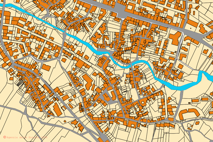Mapa cadastral do centro de Montella: parcelas e edifícios, cartografia da Agenzia delle Entrate