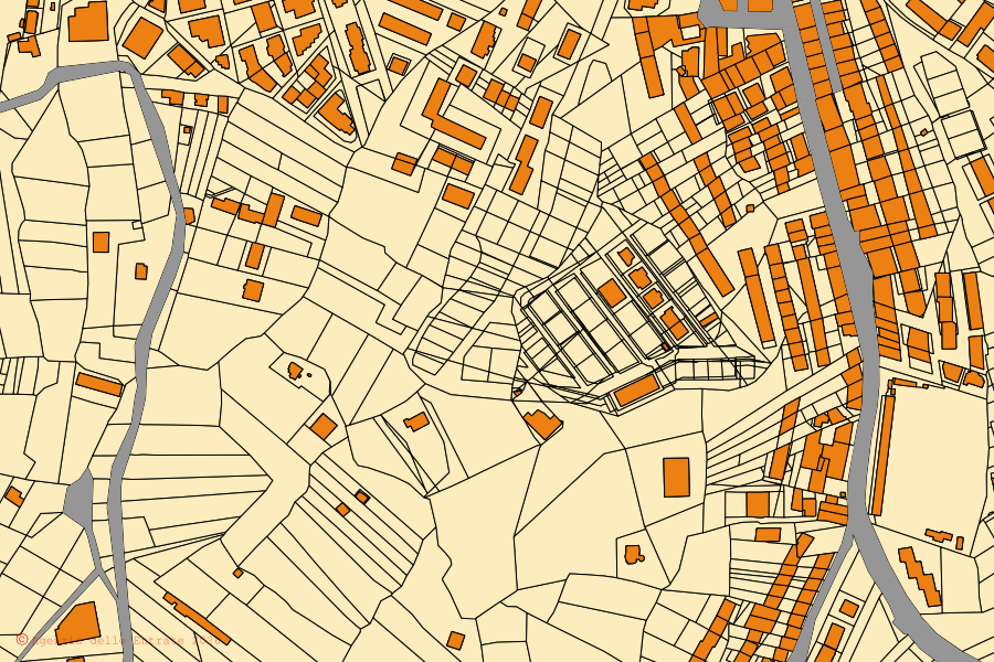 Mapa cadastral do centro de Montescaglioso: parcelas e edifícios, cartografia da Agenzia delle Entrate