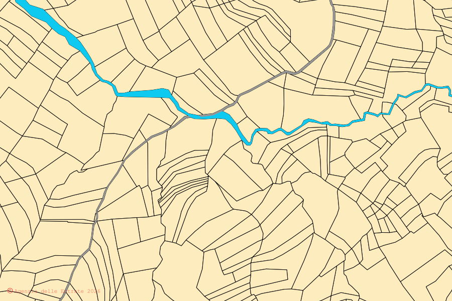 Mapa cadastral do centro de Montesegale: parcelas e edifícios, cartografia da Agenzia delle Entrate