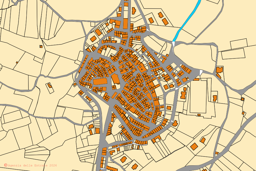 Mapa cadastral do centro de Montorio nei Frentani: parcelas e edifícios, cartografia da Agenzia delle Entrate