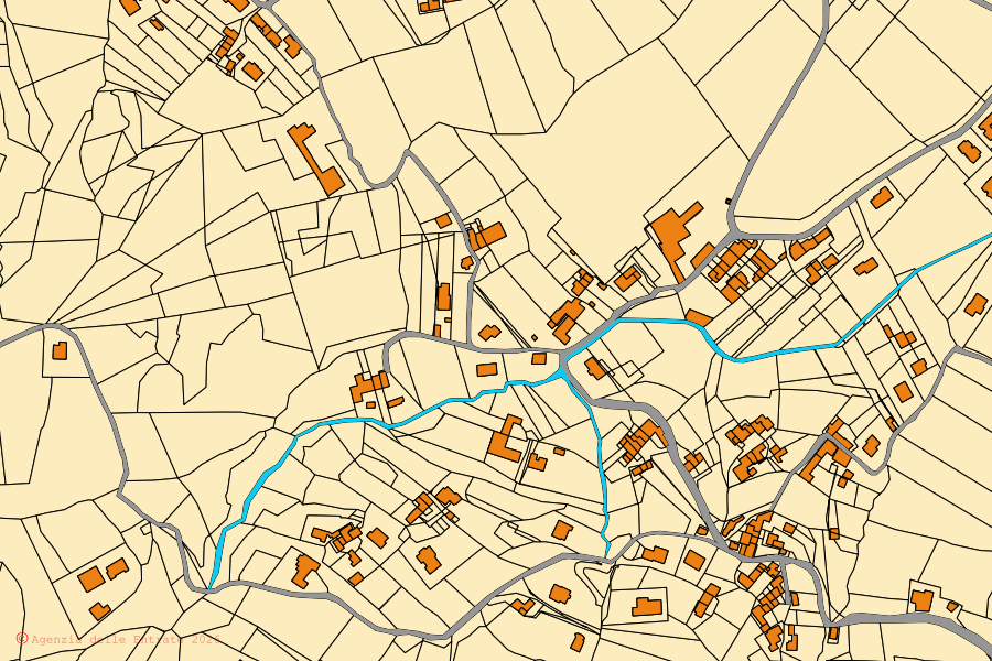 Mapa cadastral do centro de Montorso Vicentino: parcelas e edifícios, cartografia da Agenzia delle Entrate