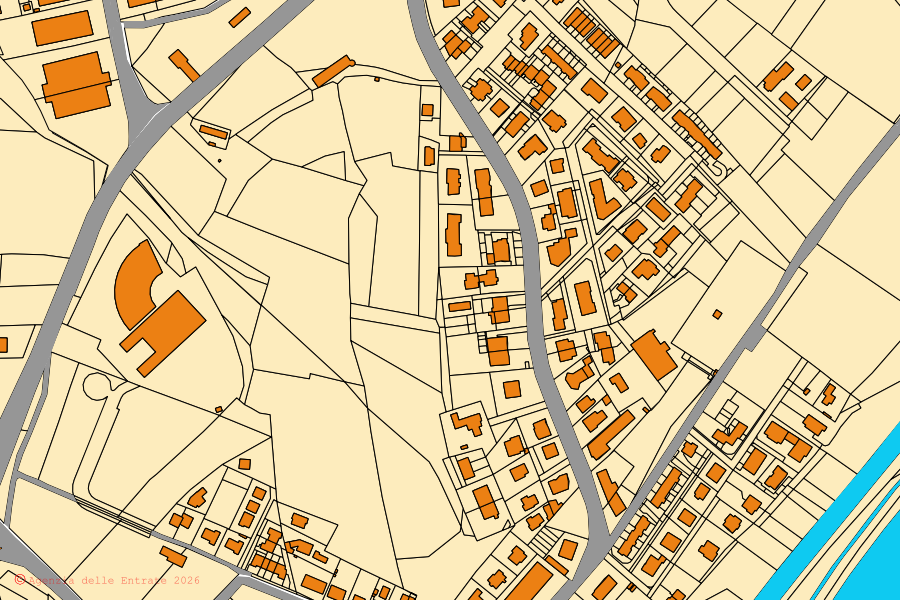 Mapa cadastral do centro de Monzambano: parcelas e edifícios, cartografia da Agenzia delle Entrate