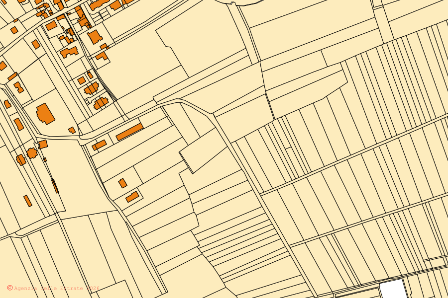 Mapa cadastral do centro de Moraro: parcelas e edifícios, cartografia da Agenzia delle Entrate