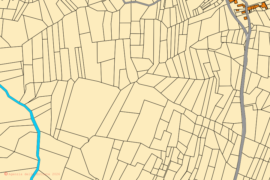 Mapa cadastral do centro de Morfasso: parcelas e edifícios, cartografia da Agenzia delle Entrate