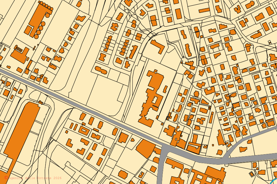 Mapa cadastral do centro de Motta di Livenza: parcelas e edifícios, cartografia da Agenzia delle Entrate