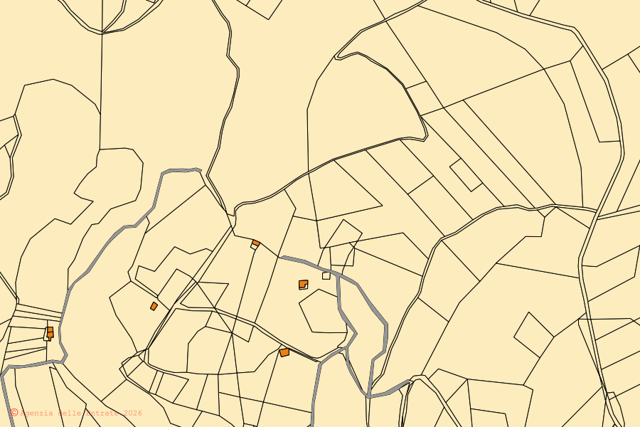 Mapa cadastral do centro de Mottafollone: parcelas e edifícios, cartografia da Agenzia delle Entrate