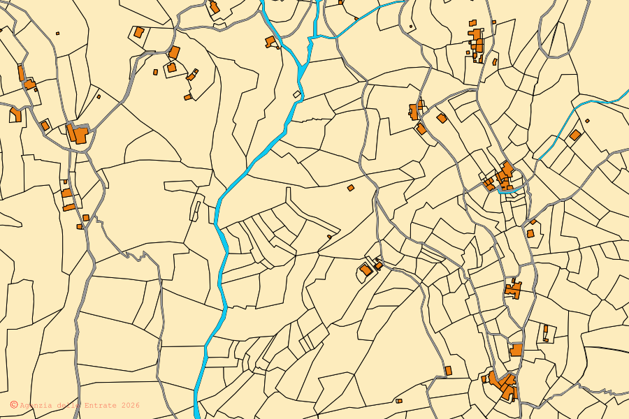 Mapa cadastral do centro de Ne: parcelas e edifícios, cartografia da Agenzia delle Entrate