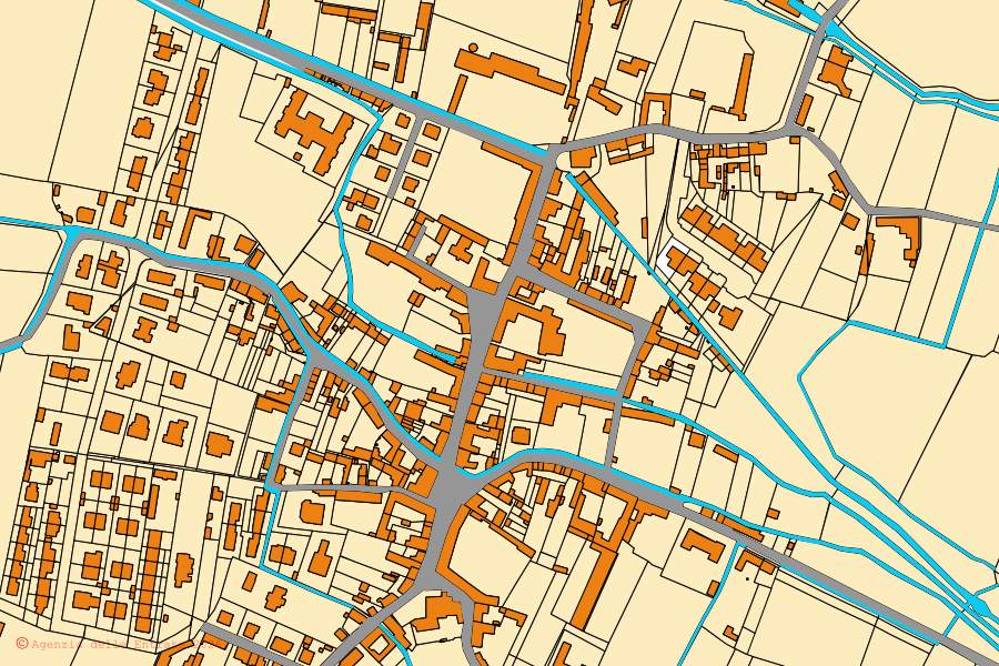 Mapa cadastral do centro de Olcenengo: parcelas e edifícios, cartografia da Agenzia delle Entrate