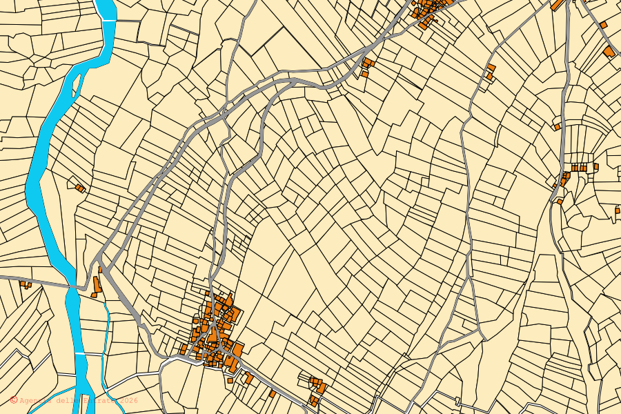 Mapa cadastral do centro de Oncino: parcelas e edifícios, cartografia da Agenzia delle Entrate