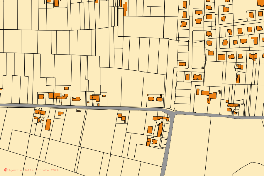 Mapa cadastral do centro de Orgiano: parcelas e edifícios, cartografia da Agenzia delle Entrate