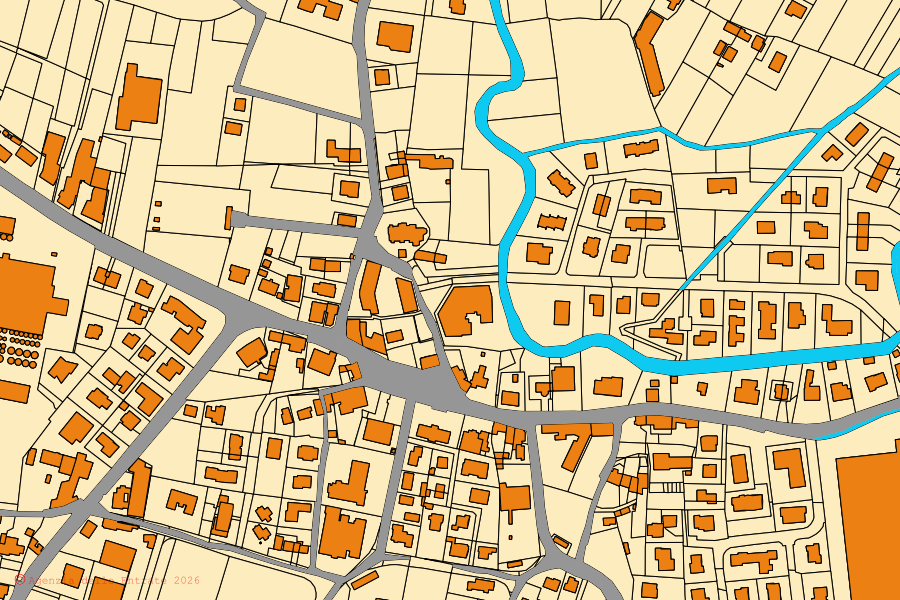 Mapa cadastral do centro de Ormelle: parcelas e edifícios, cartografia da Agenzia delle Entrate