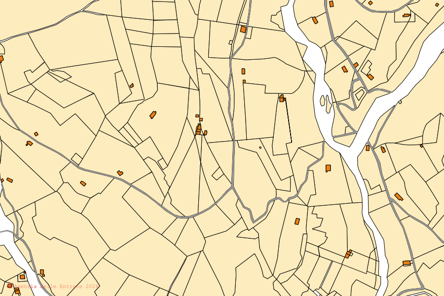 Mapa cadastral do centro de Ornica: parcelas e edifícios, cartografia da Agenzia delle Entrate