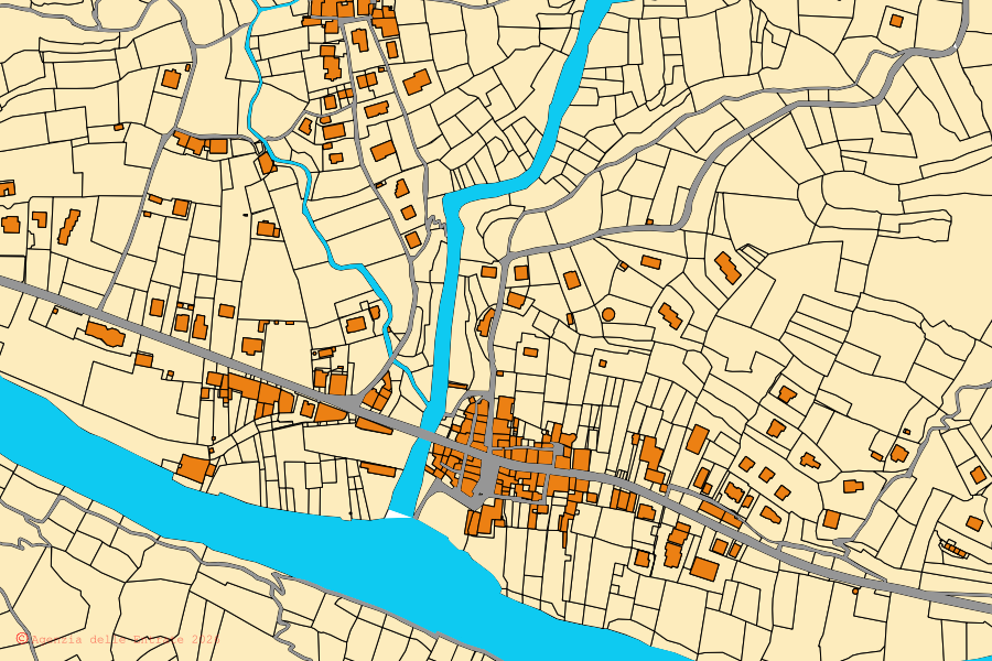 Mapa cadastral do centro de Ortovero: parcelas e edifícios, cartografia da Agenzia delle Entrate
