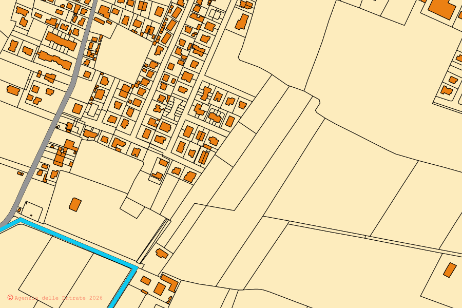 Mapa cadastral do centro de Ostellato: parcelas e edifícios, cartografia da Agenzia delle Entrate