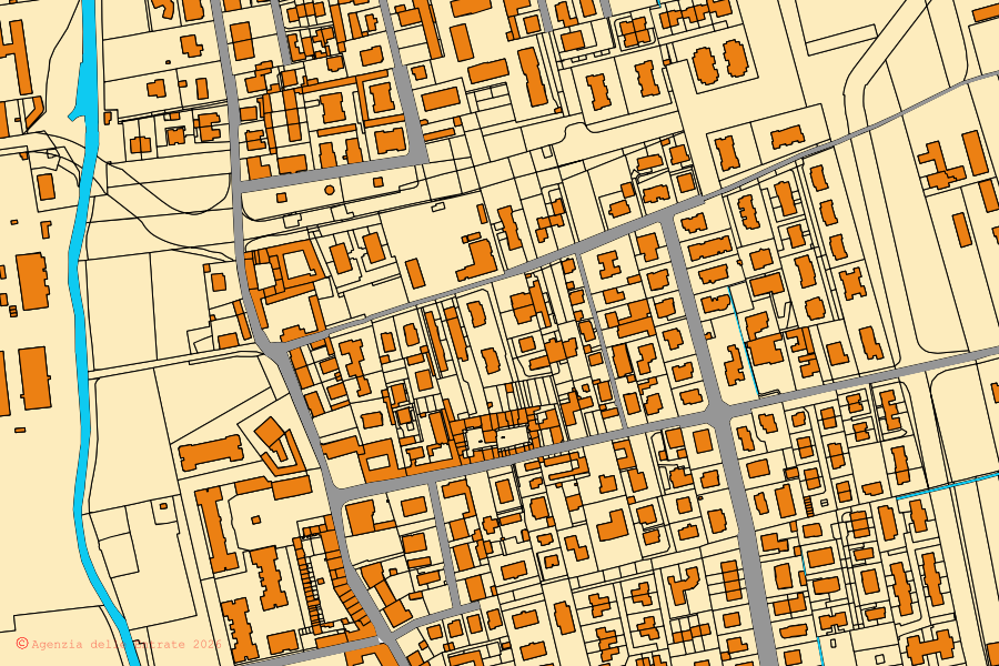 Mapa cadastral do centro de Paderno Dugnano: parcelas e edifícios, cartografia da Agenzia delle Entrate