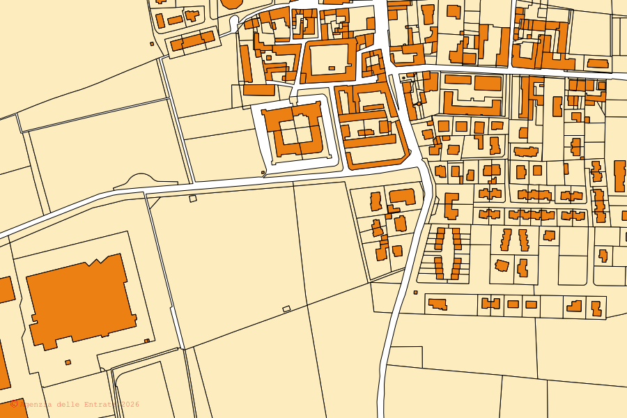 Mapa cadastral do centro de Pagazzano: parcelas e edifícios, cartografia da Agenzia delle Entrate