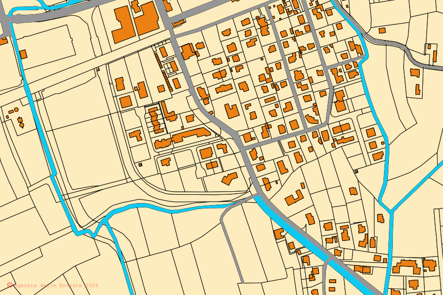 Mapa cadastral do centro de Palazzolo dello Stella: parcelas e edifícios, cartografia da Agenzia delle Entrate