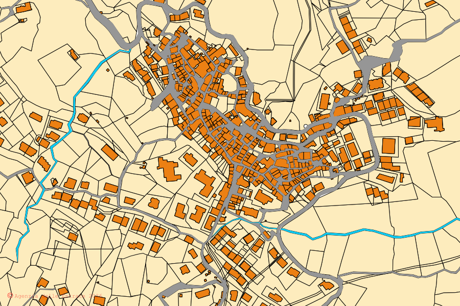 Mapa cadastral do centro de Paludi: parcelas e edifícios, cartografia da Agenzia delle Entrate