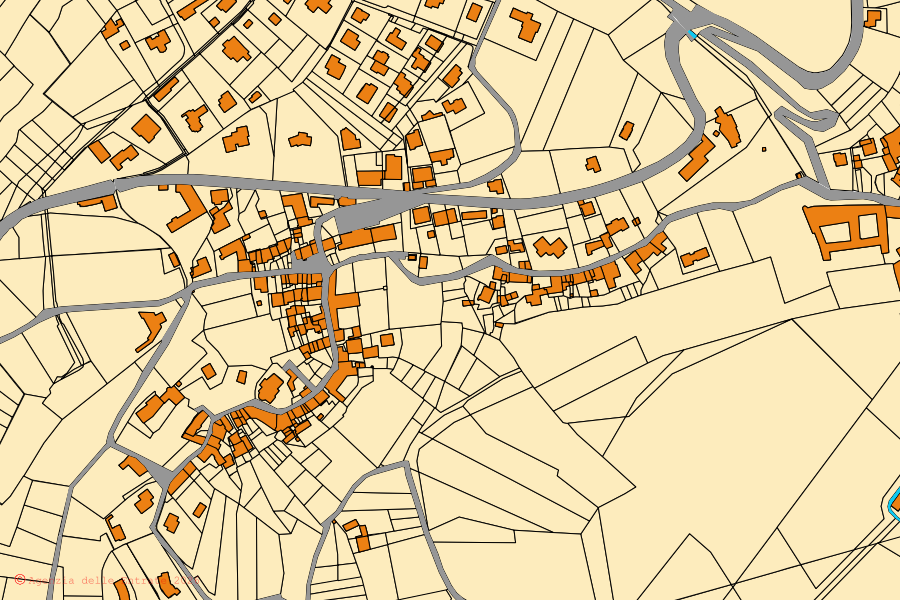 Mapa cadastral do centro de Parella: parcelas e edifícios, cartografia da Agenzia delle Entrate