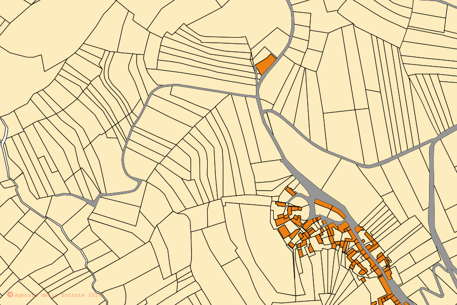 Mapa cadastral do centro de Passerano Marmorito: parcelas e edifícios, cartografia da Agenzia delle Entrate