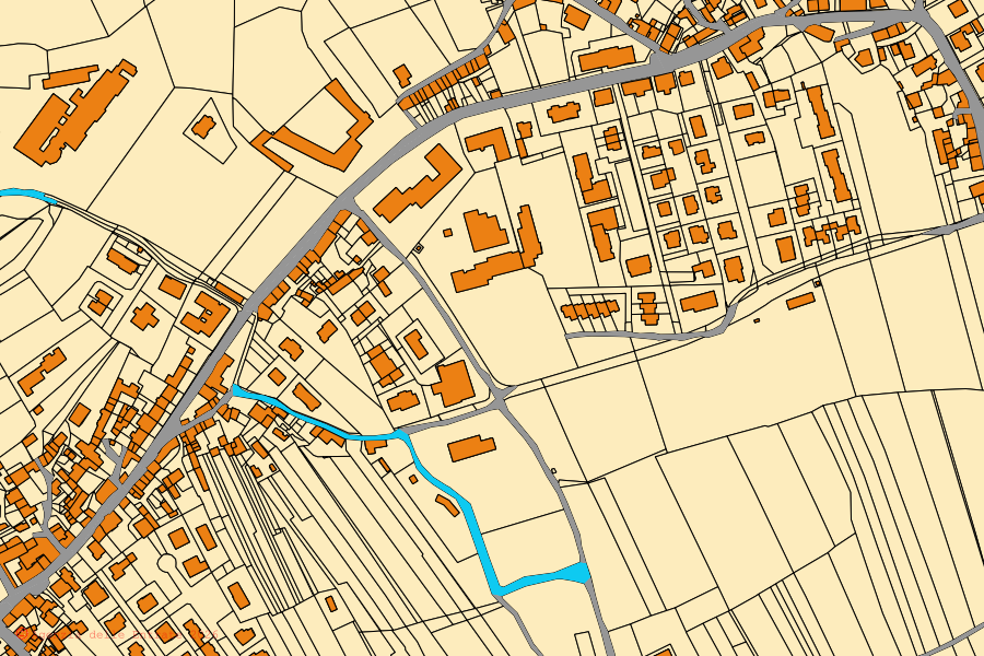 Mapa cadastral do centro de Pederobba: parcelas e edifícios, cartografia da Agenzia delle Entrate