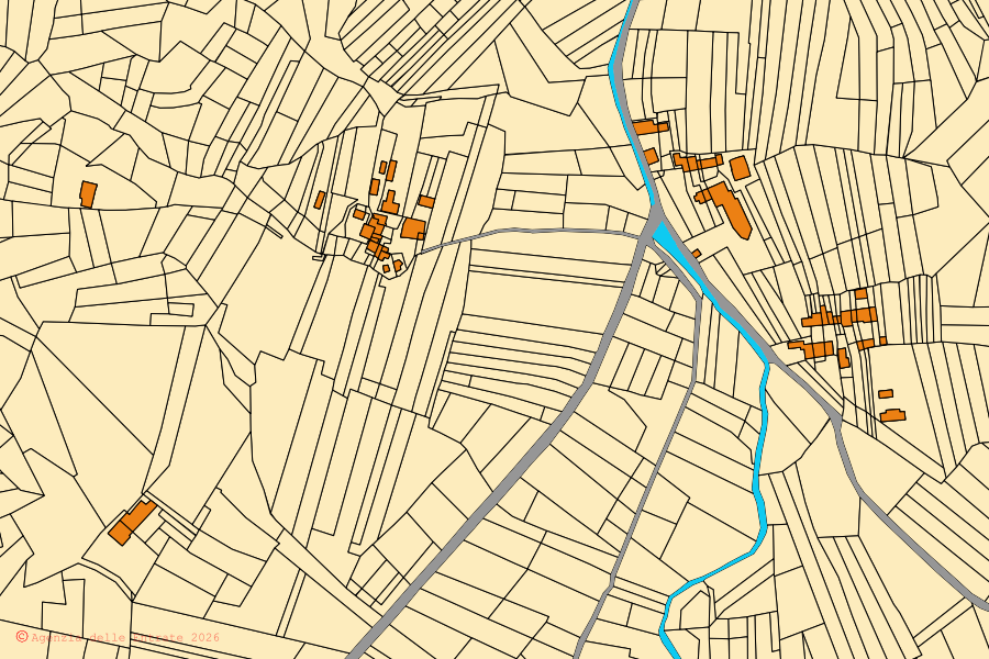 Mapa cadastral do centro de Pertusio: parcelas e edifícios, cartografia da Agenzia delle Entrate