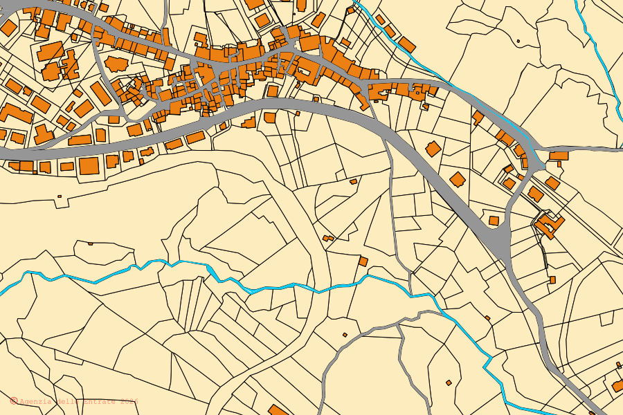 Mapa cadastral do centro de Piane Crati: parcelas e edifícios, cartografia da Agenzia delle Entrate