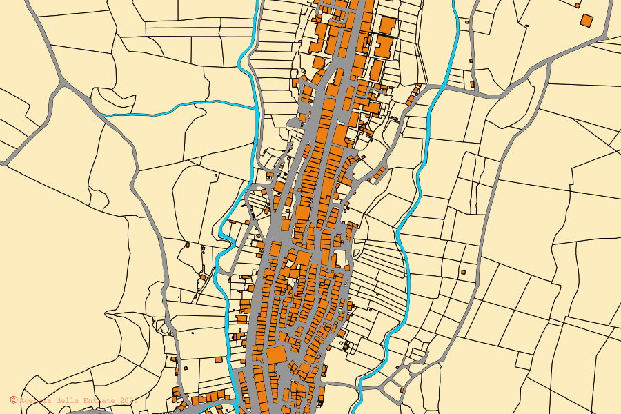 Mapa cadastral do centro de Piansano: parcelas e edifícios, cartografia da Agenzia delle Entrate