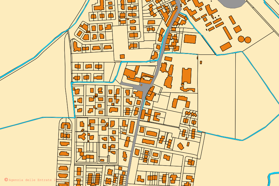 Mapa cadastral do centro de Pieve Fissiraga: parcelas e edifícios, cartografia da Agenzia delle Entrate