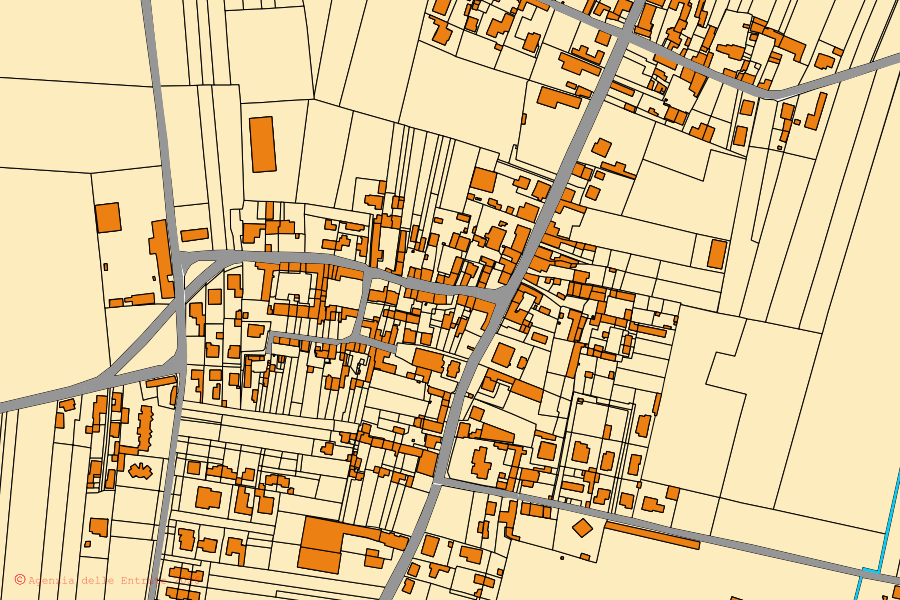 Mapa cadastral do centro de Pizzale: parcelas e edifícios, cartografia da Agenzia delle Entrate